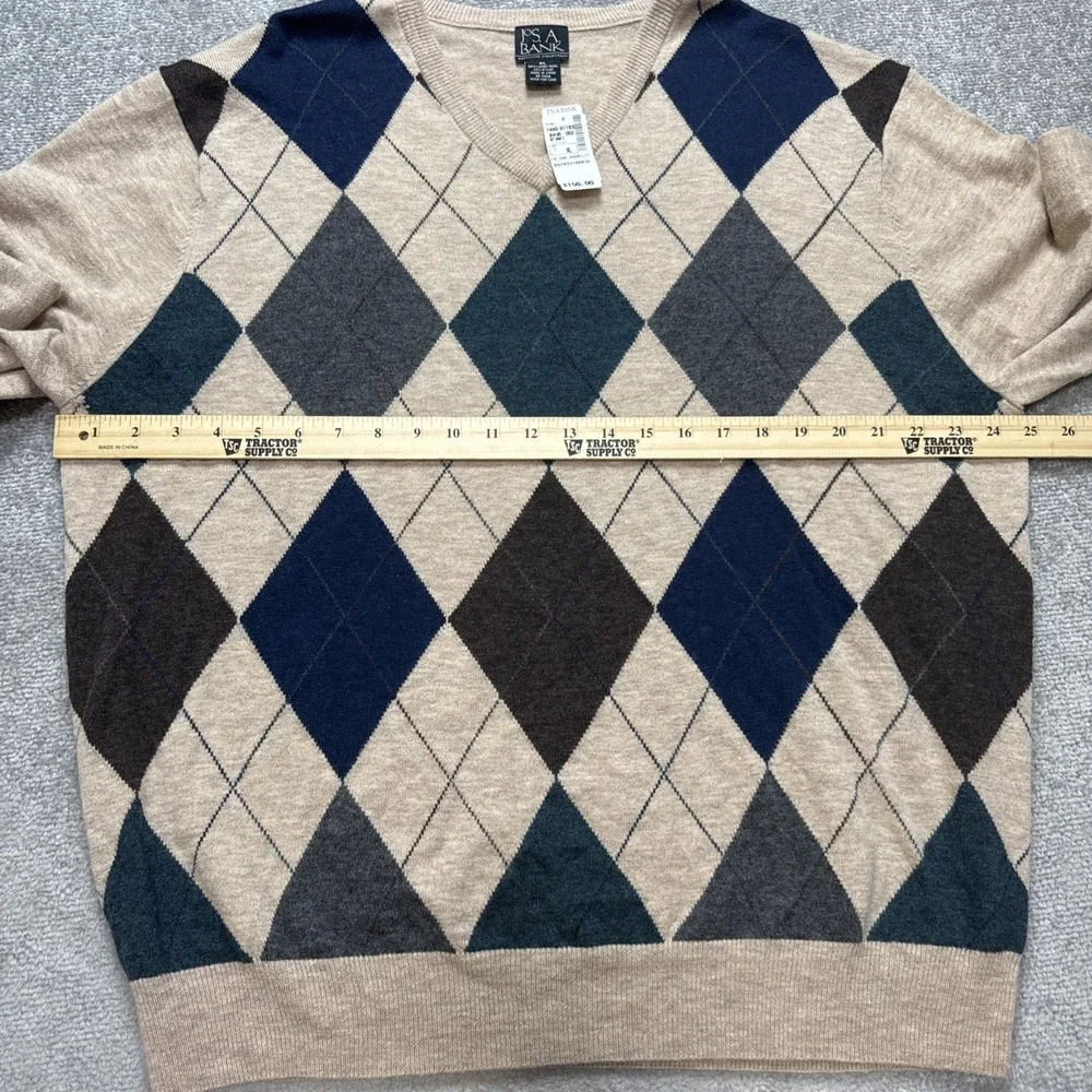 NWT Lambs Wool XL Sweater Argyle Tan Jos A Bank Executive V Neck Blue MSRP $150